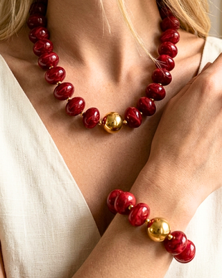 Christmas Red & Green Chunky Bead Necklace & Bracelet Set-W