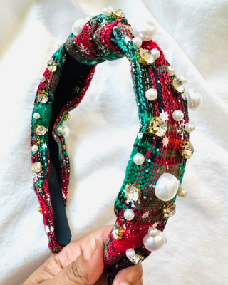 Christmas Plaid Pearl Rhinestone Knotted Headbands-W