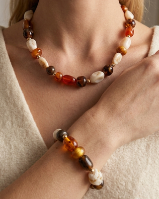 Fall Natural Stone Chunky Bead Necklace & Bracelet-W