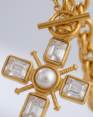 Faith Pearl Crystal Cross Chunky Chain Necklace-W