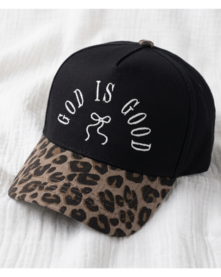 Faith God Is Good Embroidered Bow Leopard Print Cap-W
