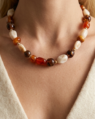 Fall Natural Stone Chunky Bead Necklace & Bracelet-W