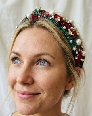 Christmas Plaid Pearl Rhinestone Knotted Headbands-W
