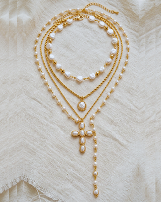 Faith Pearl Chunky Cross Lariat Chain Necklace Stack of 4-W