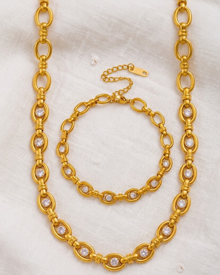 18K Gold Oval Link Zircon Chain Necklace & Bracelet-W