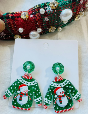 Christmas Plaid Knotted Headband & Ugly Sweater Earring Green-W