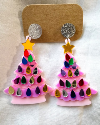 Pink Christmas Tree Crystal Lights Dangle Earring-W