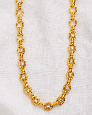 18K Gold Oval Link Zircon Chain Necklace & Bracelet-W