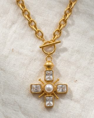 Faith Pearl Crystal Cross Chunky Chain Necklace-W