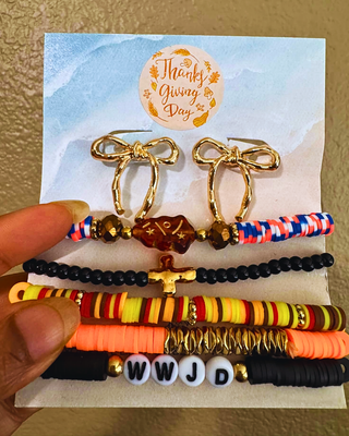 Bow Stud with Cross & Letter Stack Bracelet Set-W