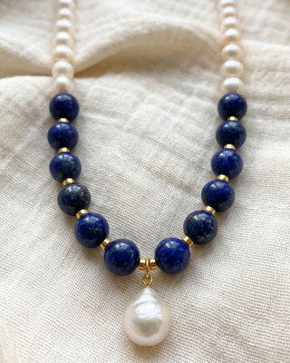 Lapis Lazuli Pearl Drop Necklace-W