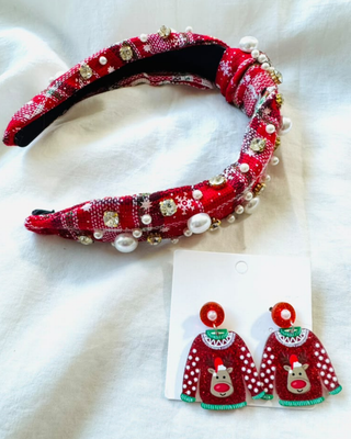 Christmas Plaid Knotted Headband & Ugly Sweater Earring Red-W