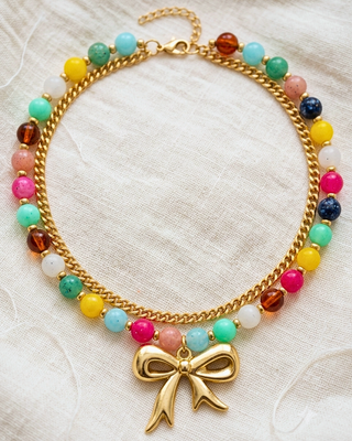 Christmas Double Stack Bead & Chain With Bow Necklace-W