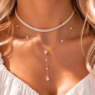 White Zircon Choker & Waterdrop Zircon Lariat Necklaces-W