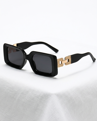 Summer Rectangular Black Frame & Lens Gold Accent Sunglass-W