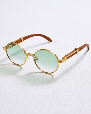 Summer Circle Gold Frame Green Tint Lens Wooden Temple Sunglass-W