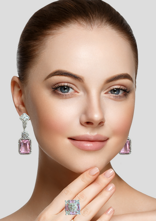 SET OF 2-LAVENDER STONE EMBELLISHED ZIRCONIA DROP EARRING & ADJUSTABLE RING