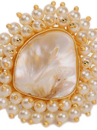 Gold-Toned White Pearl Beaded Jadau Finger Ring