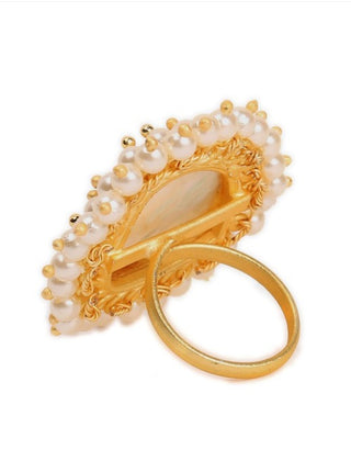 Gold-Toned White Pearl Beaded Jadau Finger Ring