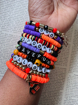 Spooky Halloween Boo Beaded Charm Bracelet Stack - W