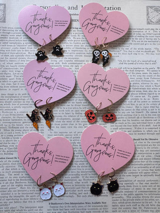 Assorted Spooky Ghost Charm Gold Hoop Earring on Pink Heart Card-W