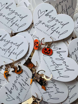 Assorted Halloween Charm Gold Hoop Earrings on White Heart Card-W