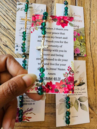 Christmas Green Hammered Cross Beaded Bracelet with Card(Set of 5)-W