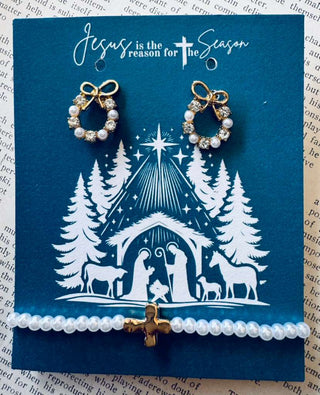 Holiday Wreath Earring with Pearl Cross Bracelet-W