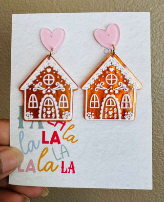 Gingerbread House with a Heart Dangle Earring-W