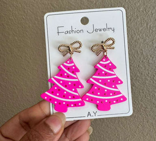 Pink Christmas Tree with a Bow Dangle Earring-W