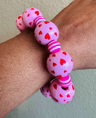 Valentine’s Pink on Pink Heart Pattern Chunky Bead Bracelet-W