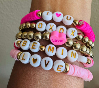 Valentine's Hot Pink & Pink Heart Charm Bracelet Set(Stack of 5)-W