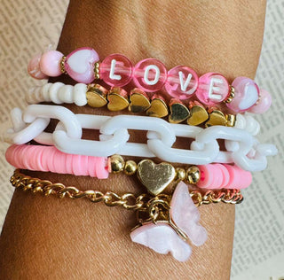 Valentine's White Chain With Pink Butterfly Bracelet Set(Stack of 5)-W