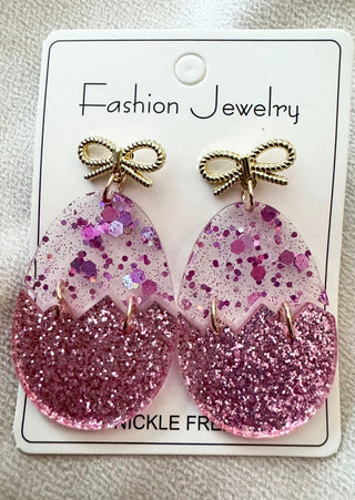 Easter Bow Pink Glitter Egg Drop Earring-W