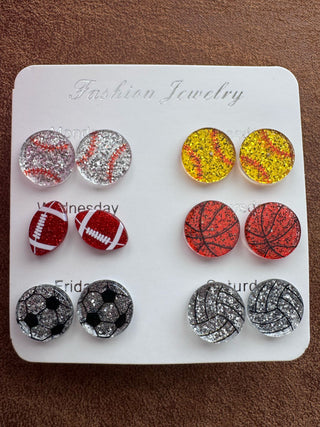 Sports Ball Stud Earrings(Set of 6)-W