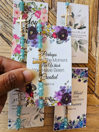 Mint Green Hammered Cross Beaded Bracelet with Card(Set of 5)-W