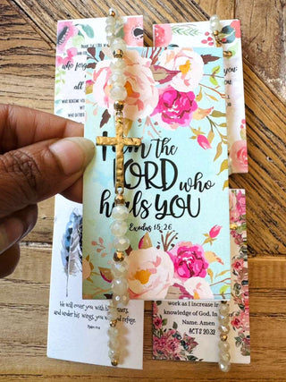 Beige Hammered Cross Beaded Bracelet with Card(Set of 5)-W