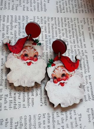 Wooden Santa Stud Earrings(Red)-W