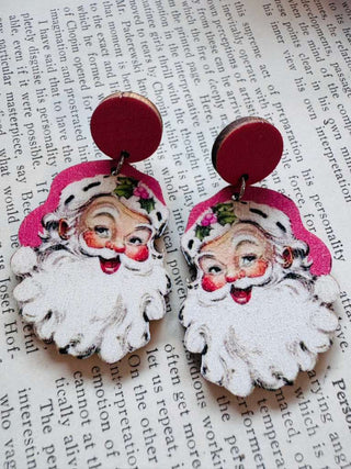 Wooden Santa Stud Earrings(Pink)-W