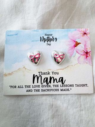 Mother's Day Metallic Heart Pink Bow Studs-W