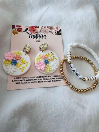 Mama Flower Clay Earring & Stackable Beads Bracelet Set-W