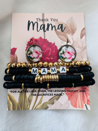 MAMA Rose Earring & Stack Beads Bracelet Set Black-W