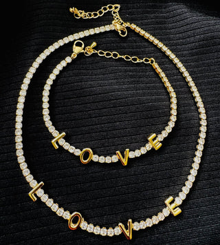 "LOVE" Rhinestone Necklace and Bracelet Set-W