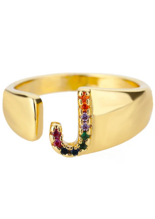 Gold-Plated Multi-Colored Zircon J Letter Adjustable Ring