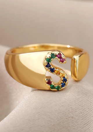 Gold-Plated Multi-Colored Zircon S Letter Adjustable Ring