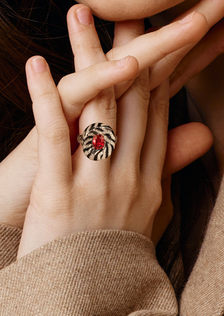 Nature Inspired Red Stone Silver Zirconia Zebra Adjustable Ring