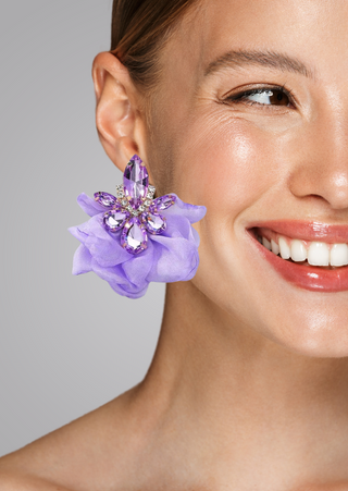 Purple Fabric Petals Crystal Earring