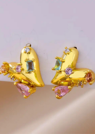 Gold-Plated Multi-Colored Crystal Heart Shape Stud